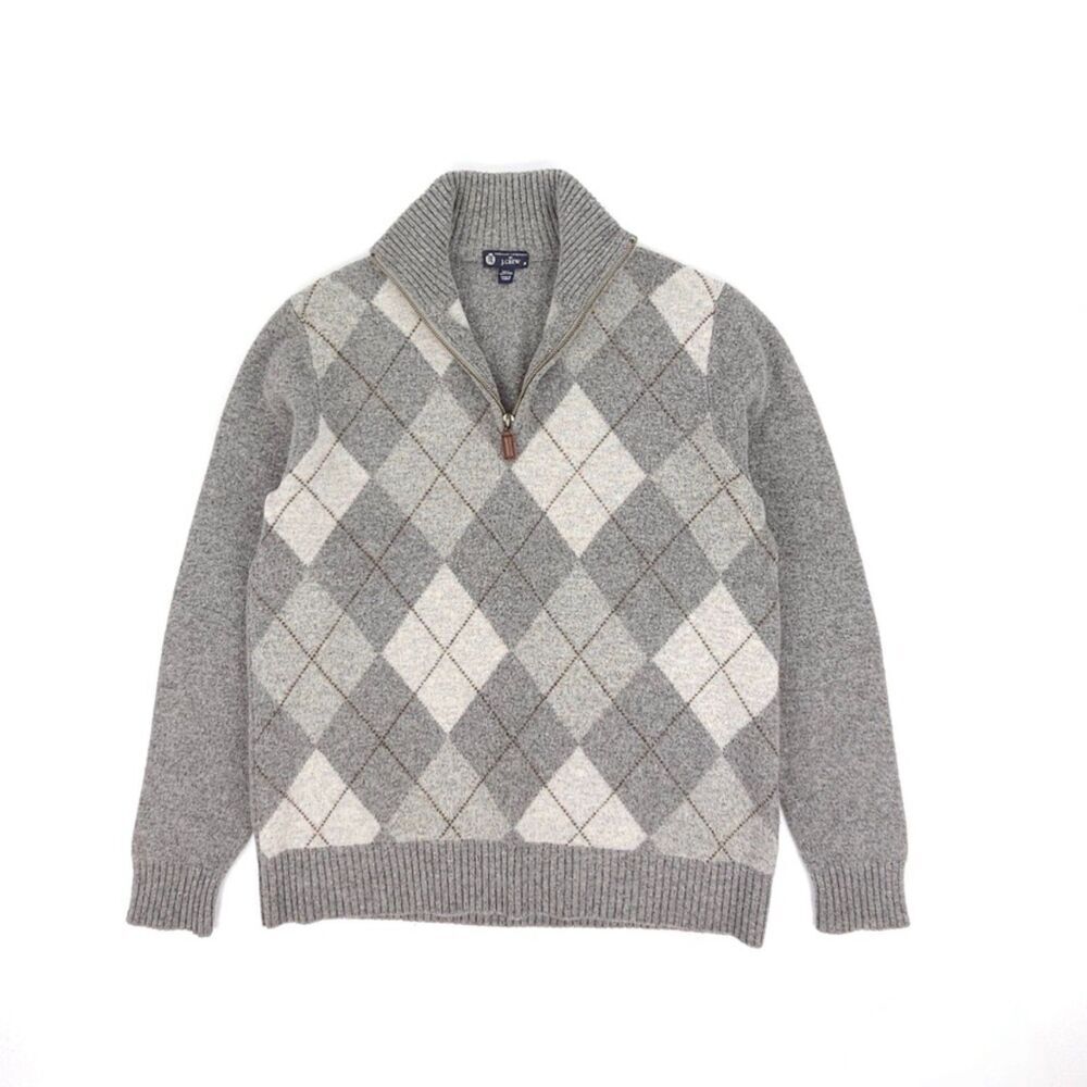 J CREW 100% Lambs Wool 1/4 Zip Sweater Argyle Old Money Preppy Quiet Luxury Golf
